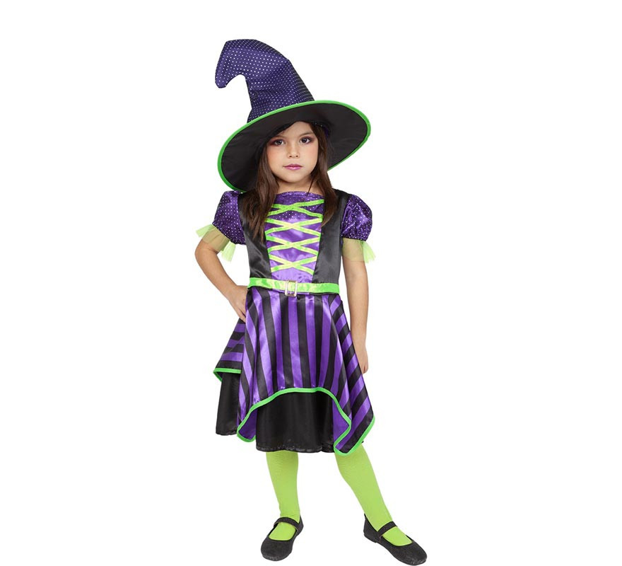 Green and purple cute witch costume with hat for girls