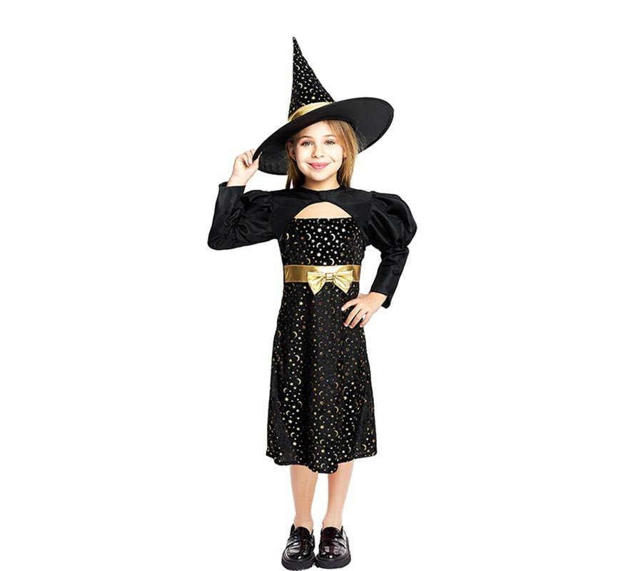 Elegant black and gold witch costume with bow for girls