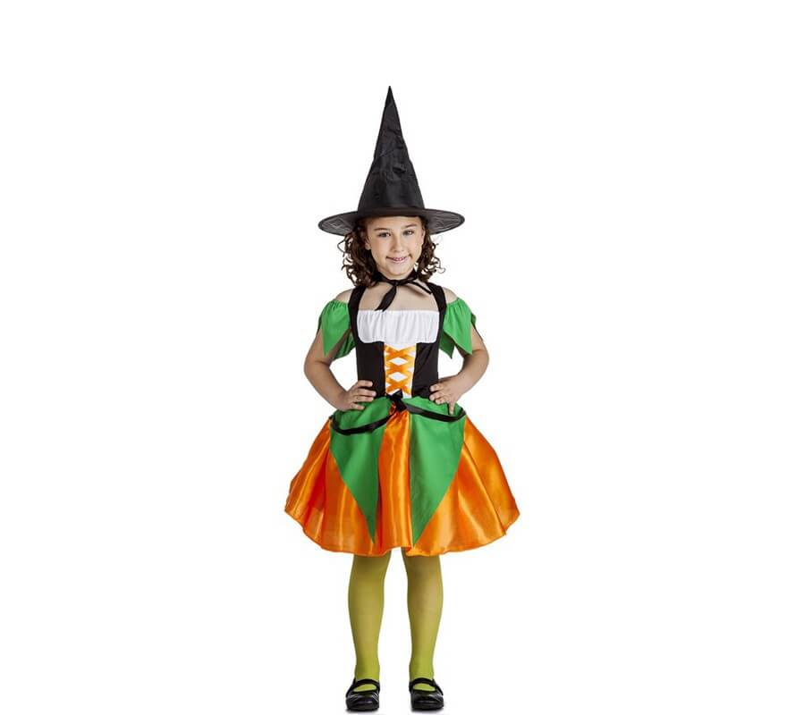 Disfraz de Bruja naranja y verde para niña