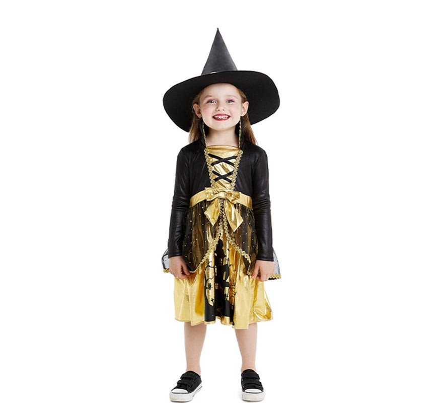 Gold and black witch costume with hat for baby and girl