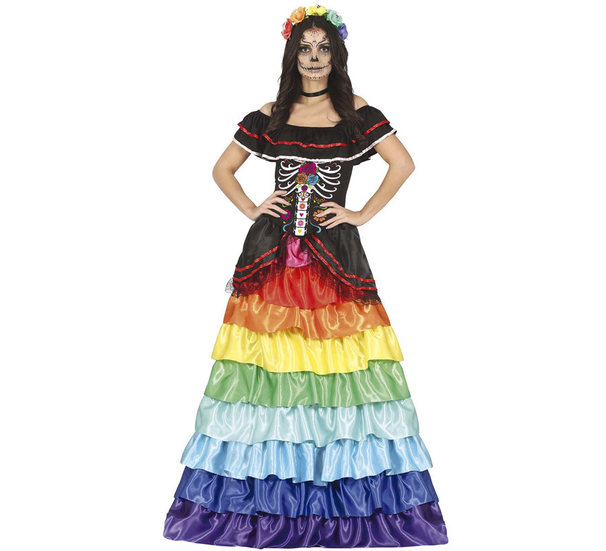 insuficiente Mancha Tener un picnic Disfraz de Catrina con vestido multicolor para mujer