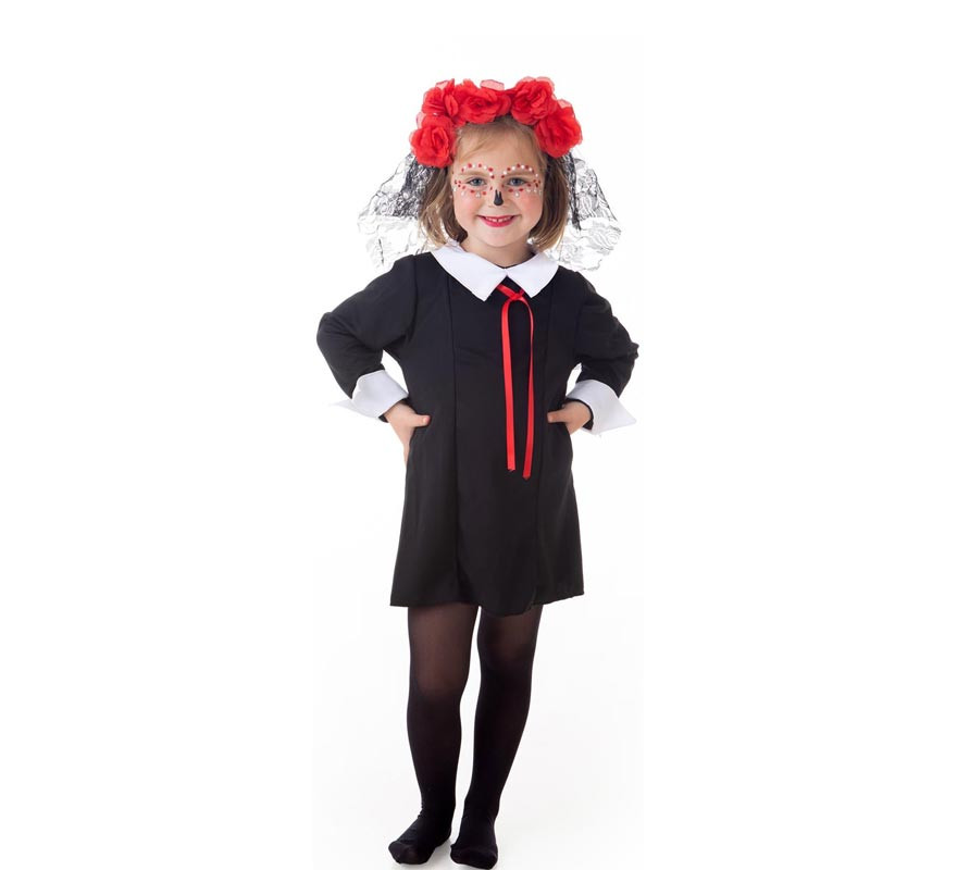 Catrina costume in black dress with crown for girls