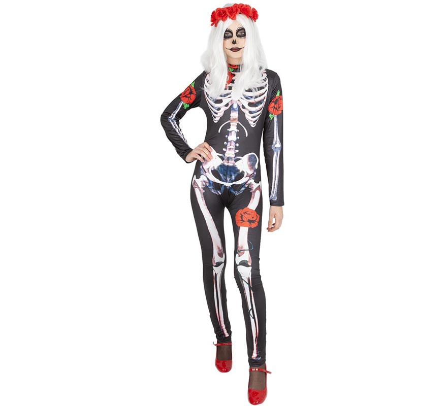 Catrina Skeleton Costume Black Red Roses with Headband for Women