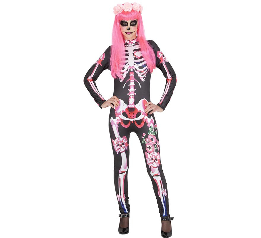 Black and pink skeleton Catrina costume with headband for women