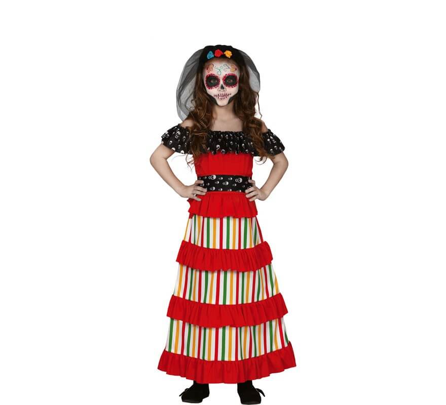 Cabeza incompleto raro Disfraz de Catrina Roja del Día de Los Muertos para niña