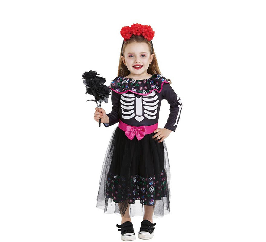 Fato de Catrina rosa com cinto para bebé e menina