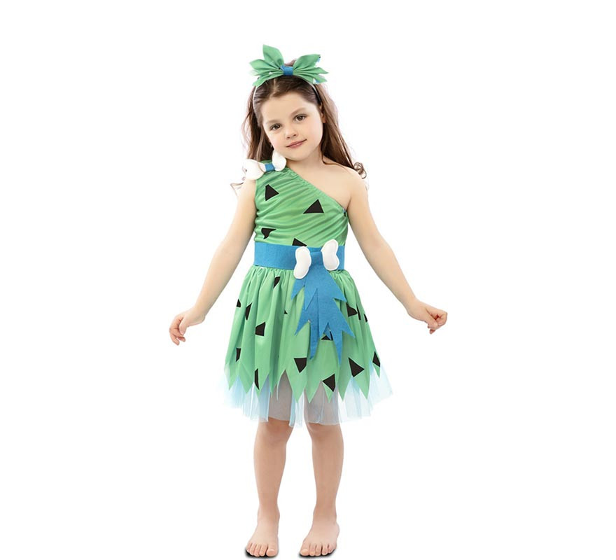 Green caveman costume with headdress for girls