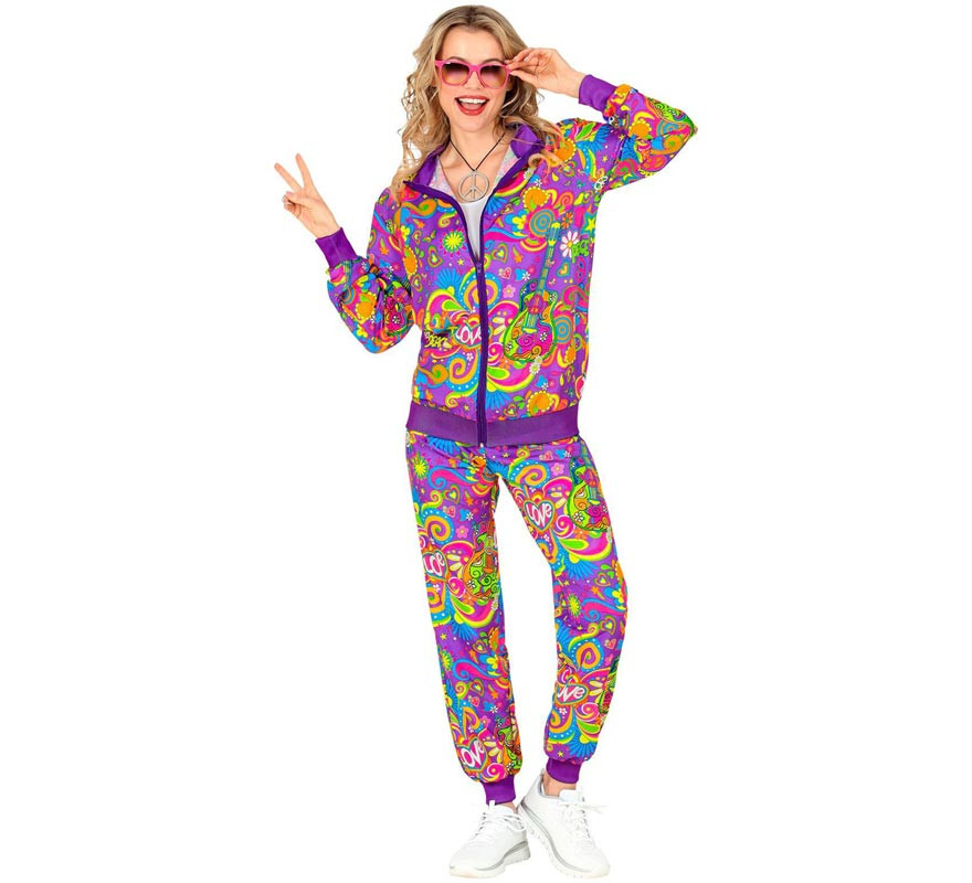 Adult Neon Flower Power Hippie Tracksuit Costume