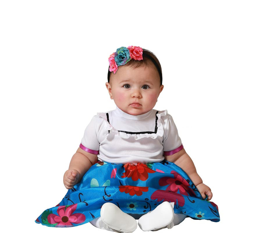 White and blue floral Colombian costume for baby