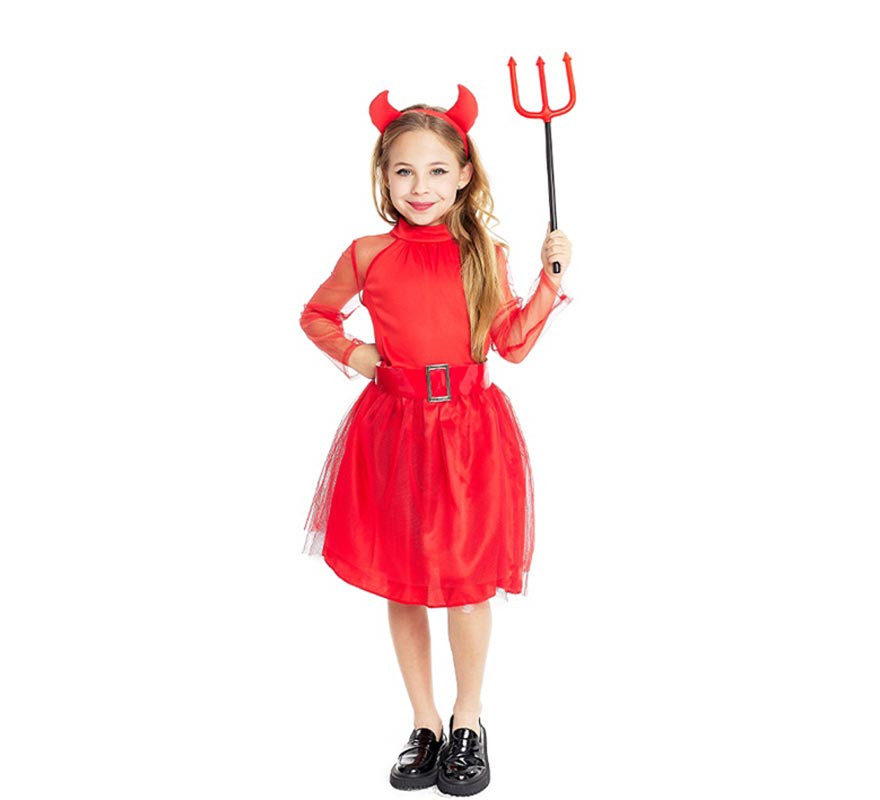 Modern red devil costume with headband and tail for girls