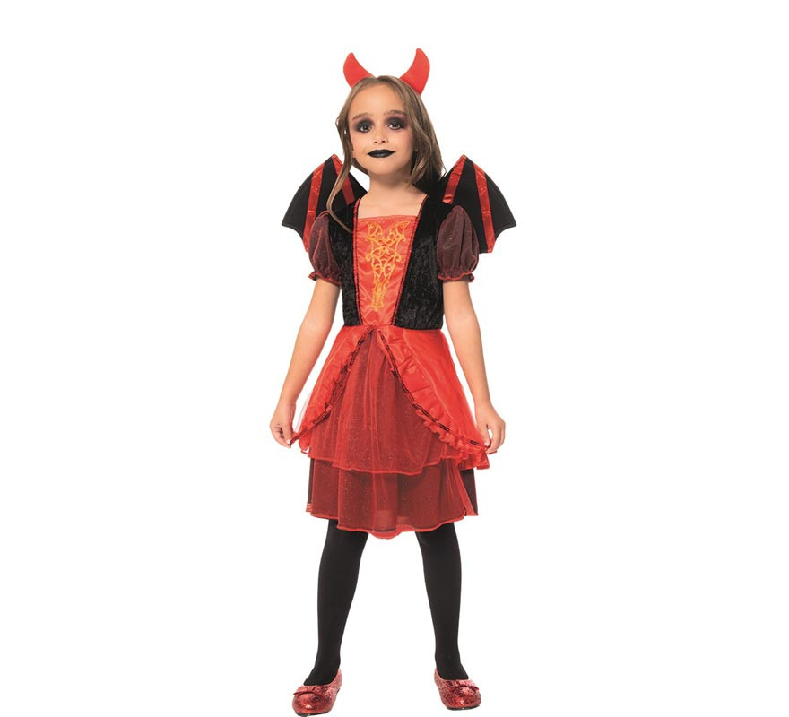 Red devil costume with wings and headband for girls