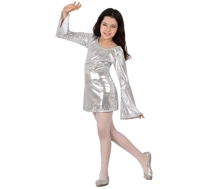 Disfraz de Disco plata brillante para niña