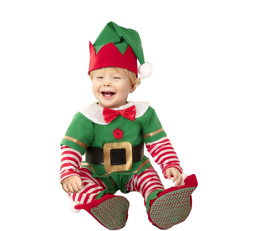 Classic green and red elf costume with belt for baby