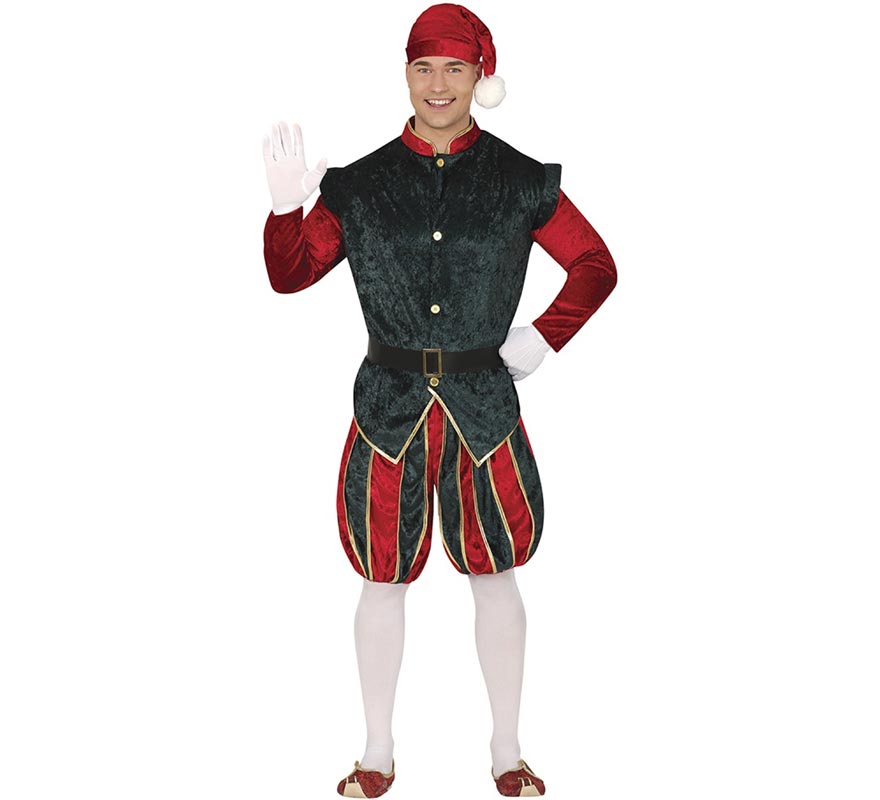 Green and red Page Elf costume with hat for men