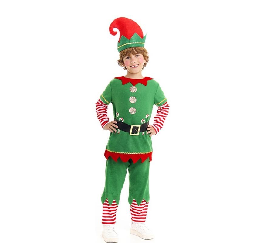 Green and red polar elf costume with belt for children