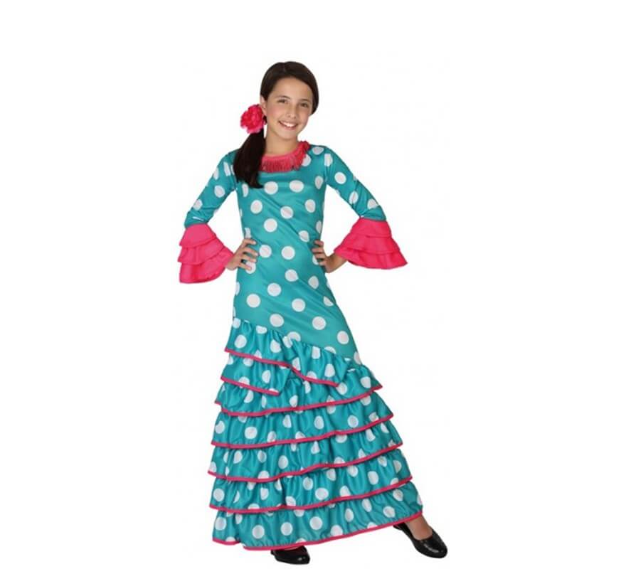 estornudar rutina Predecesor Disfraz de Flamenca azul turquesa con lunares para niña