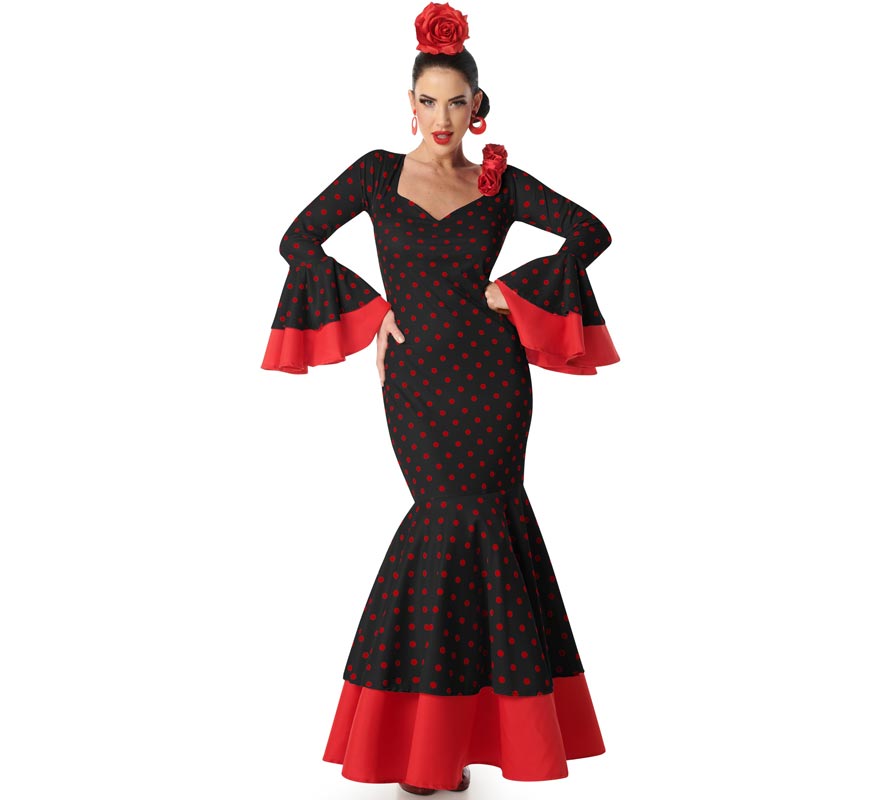 Black flamenco costume with red polka dots for women