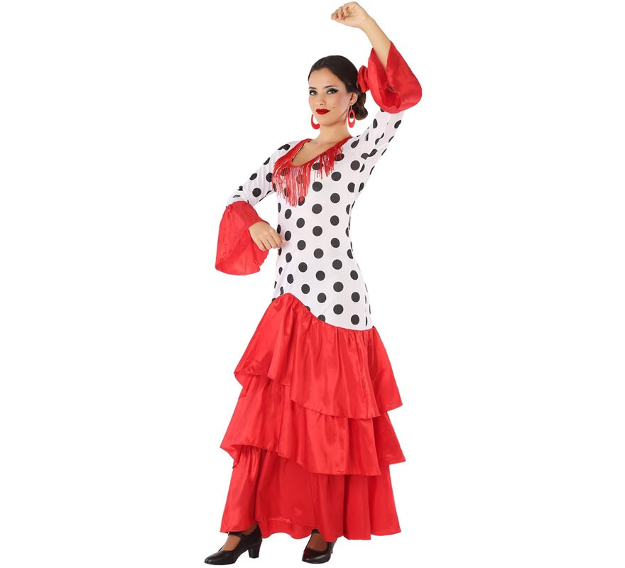 White and red flamenco or Sevillana costume for women