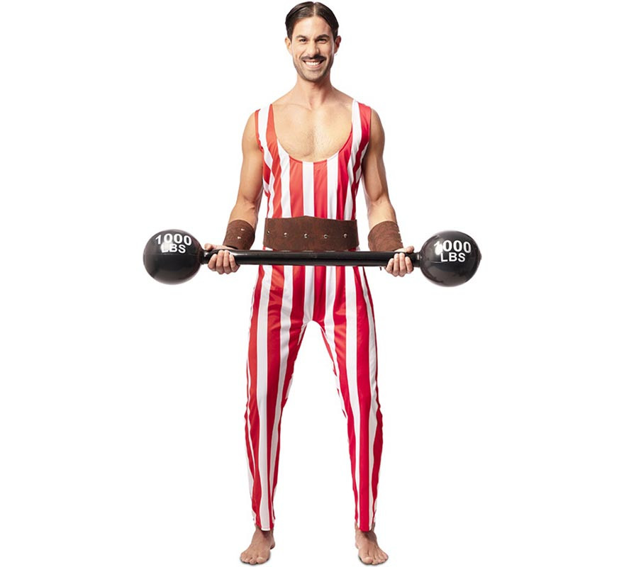 Red and white strongman costume with belt for men