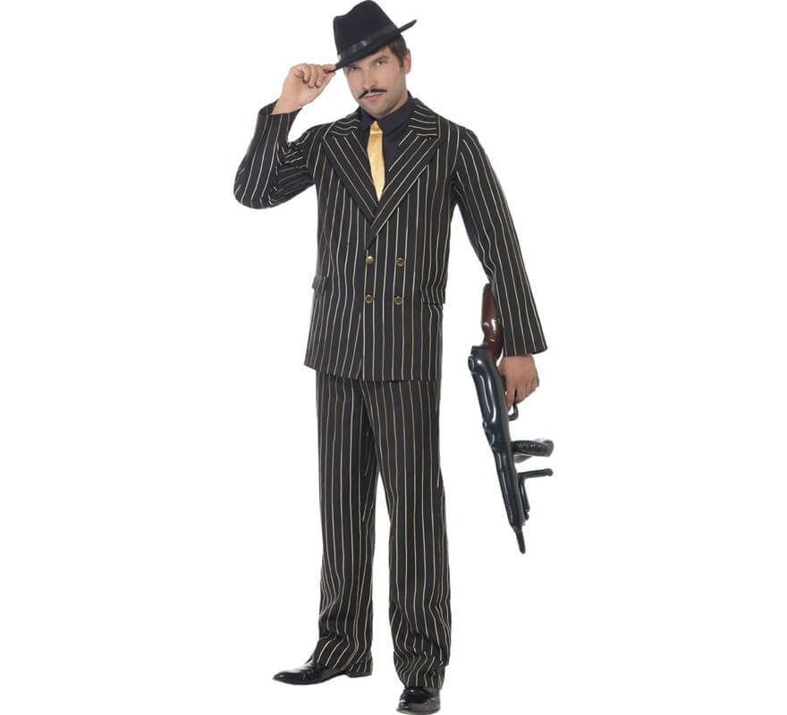 une cravate noire un cigare une arme gonflable + des guêtres fi X2 Déguisement de gangster pinstripe de luxe en 10 accessoires avec une veste à rayures des bretelles un pantalon taille élastique assorti un chapeau 