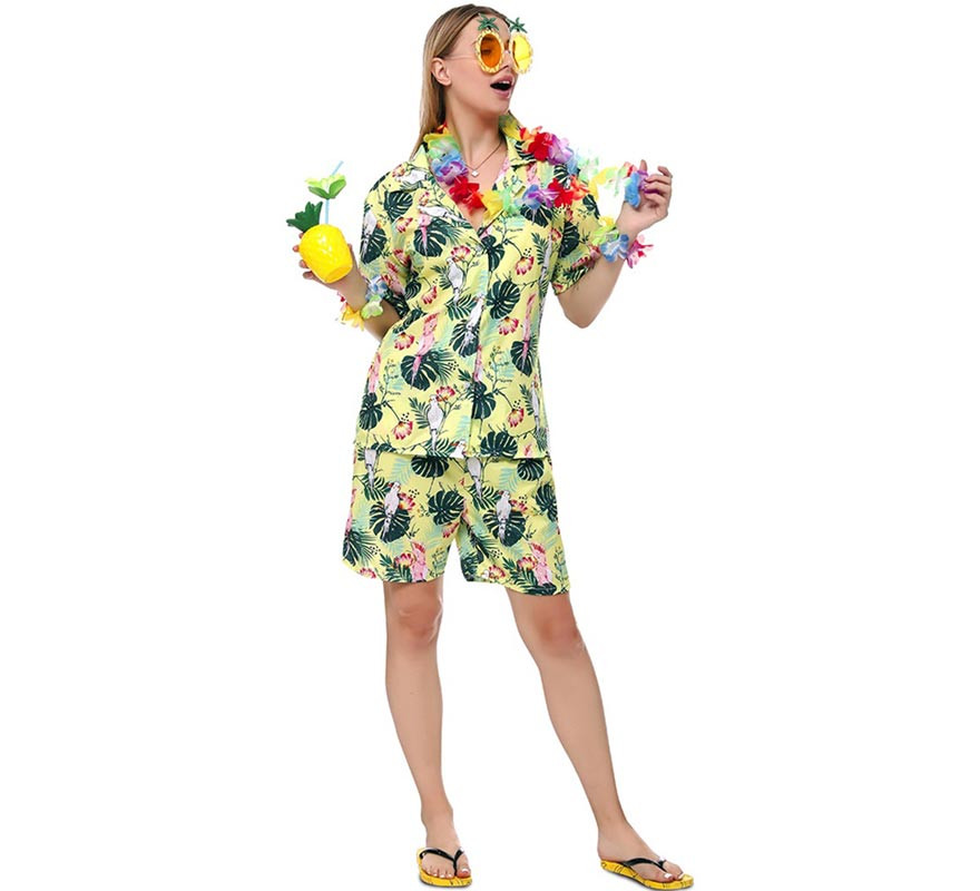 Women's Green Printed Floral Hawaiian Costume