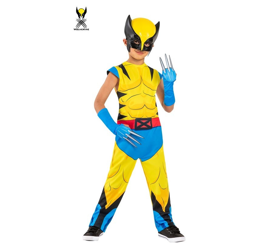 Yellow and blue X-Men Wolverine costume with gloves for kids