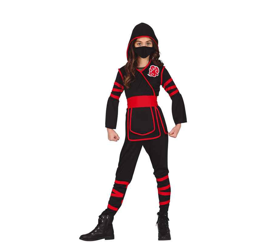 leyendo Destrucción martillo Disfraz de Ninja negro y rojo para niña
