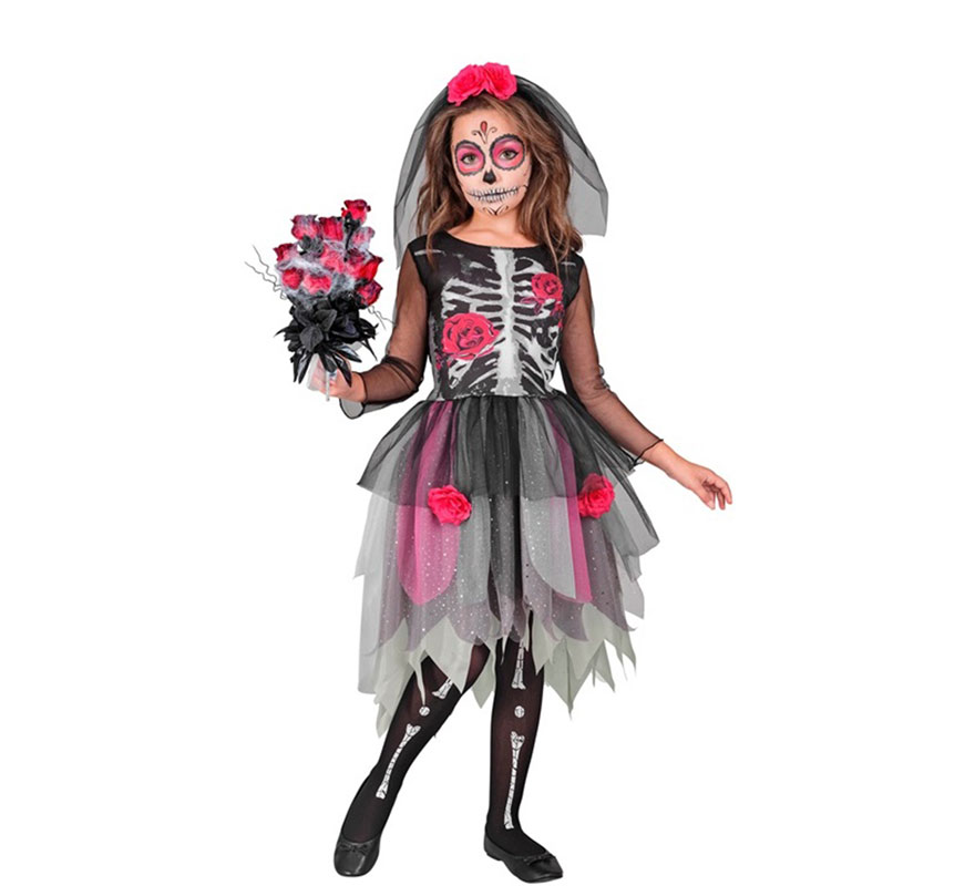 Skeleton Bride Costume with Headpiece for Girls