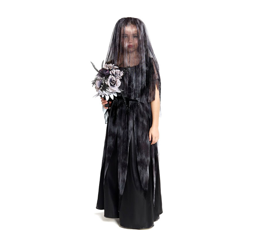 Gothic Bride Costume with Veil for Girls