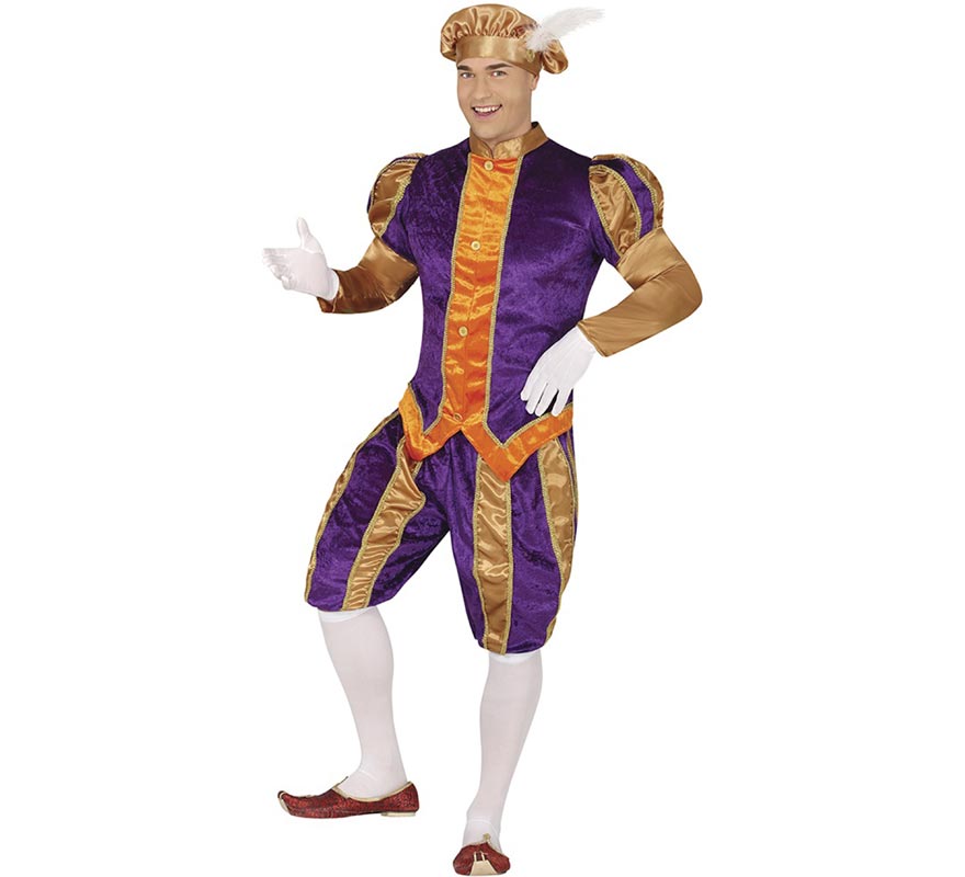 Purple and orange page boy costume with hat for men