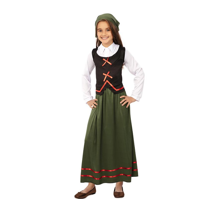 Green Shepherdess Costume with Scarf for Girls