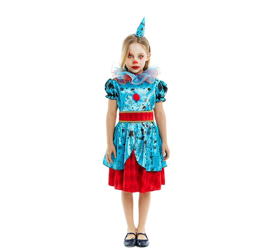 Blue and red maniac clown costume for girls and teenagers