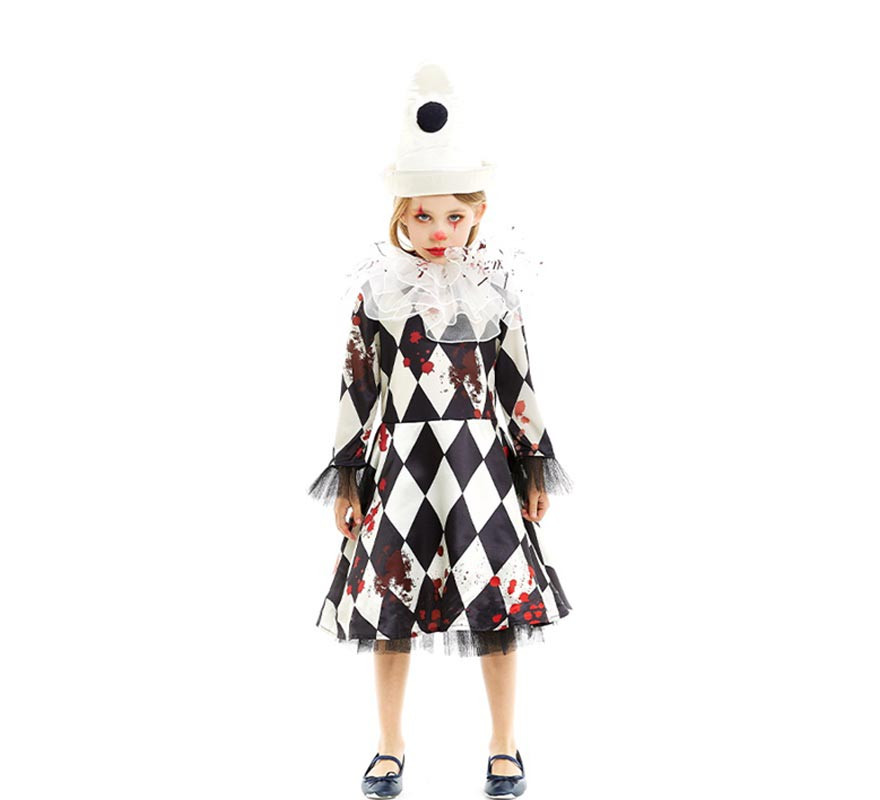 Pierrot Killer Clown Costume with Hat for Girls and Teenagers