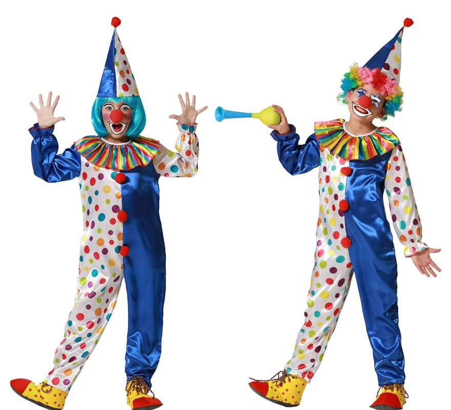 Blue clown costume with colorful polka dots for children