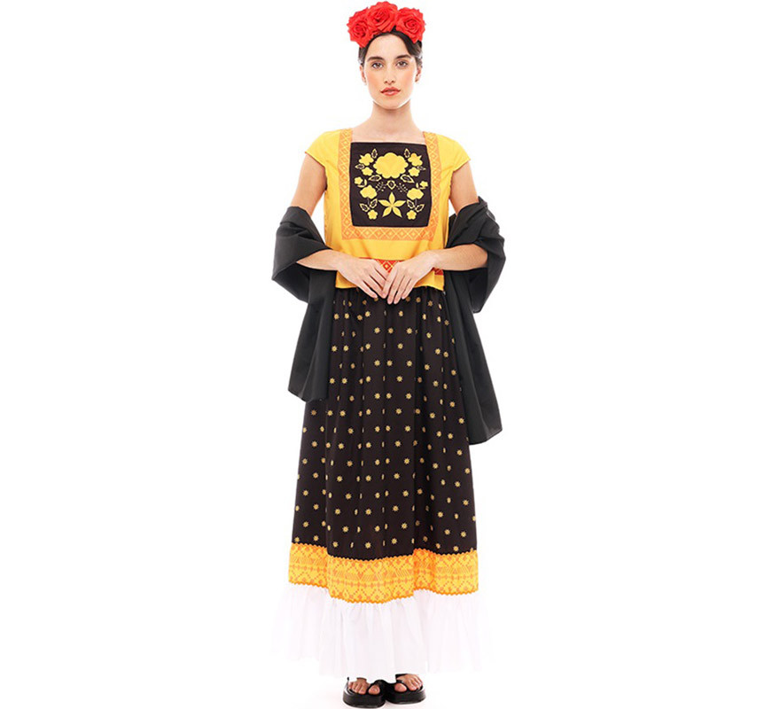 Disfraz de Pintora Mexicana amarillo y negro para mujer