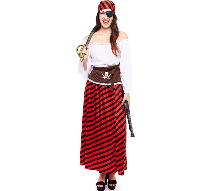 Disfraz de Pirata rojo a rayas para mujer
