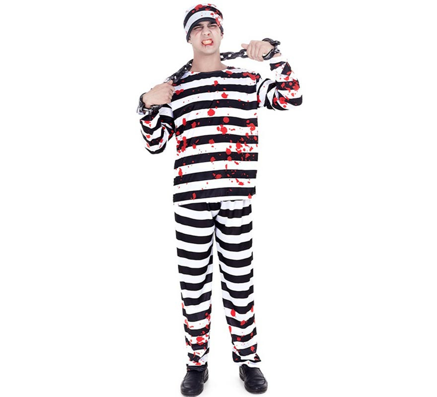 Costume Da Prigioniero Zombie Per Bambini – Set Per Halloween Con Top E Pantaloni A Righe, Cappello E Catene – Taglia M (6-9 Anni) – Bianco E Nero