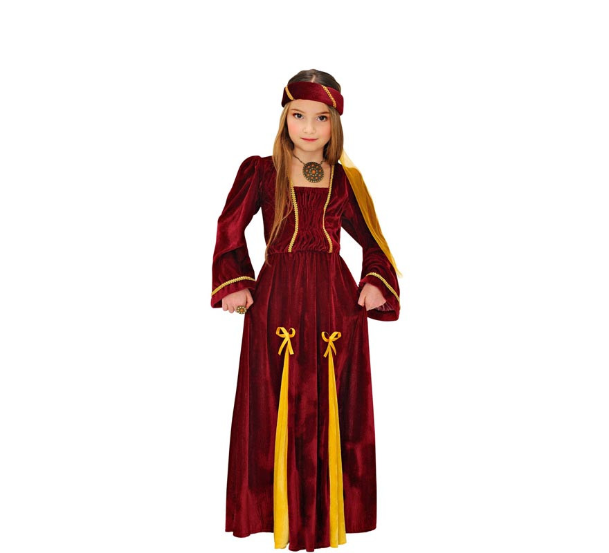 Elegant maroon Medieval princess costume with headdress for girl