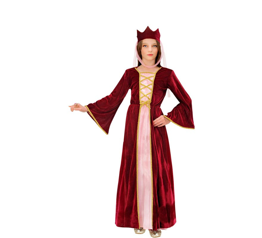 Maroon and pink Medieval Queen costume with crown for girl