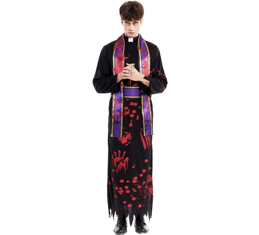 Black Bloody Priest Costume with Stole for Men