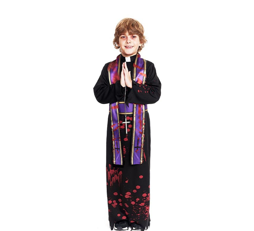 Black Bloody Priest Costume with Stole for Boys