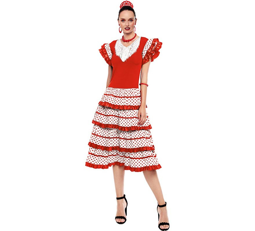 Disfraz de Sevillana blanco con borde rojo para mujer