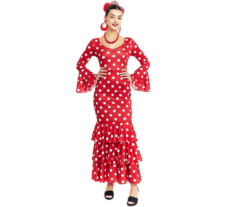 Red Sevillana costume with white polka dots for women