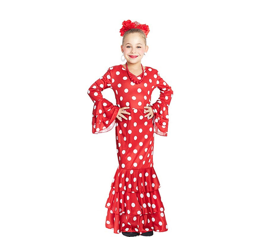 Red Sevillana costume with white polka dots for girl