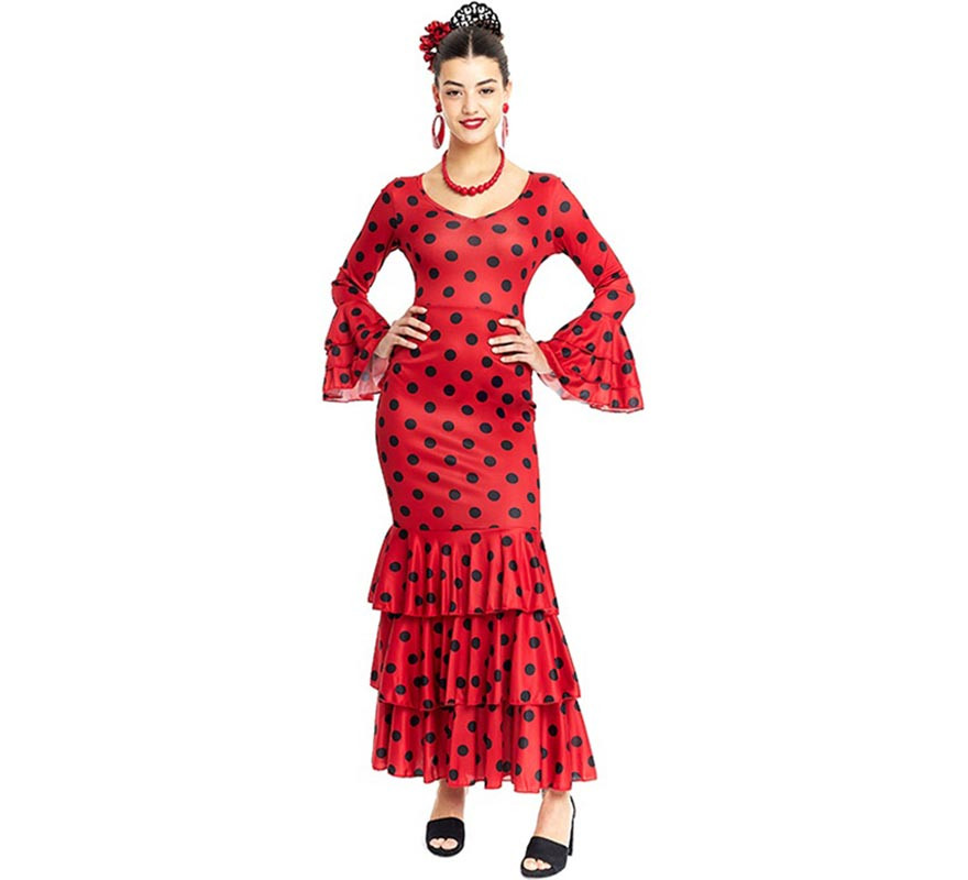 Red Sevillana costume with black polka dots for women