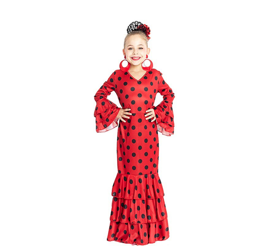 Red Sevillana costume with black polka dots for girl