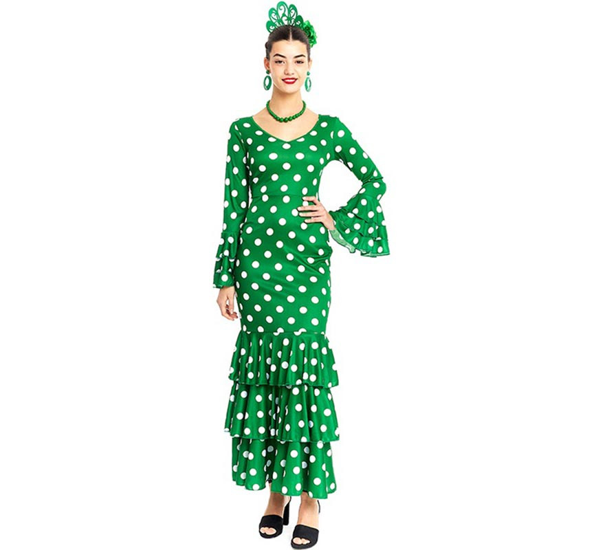 Green Sevillana costume with white polka dots for women