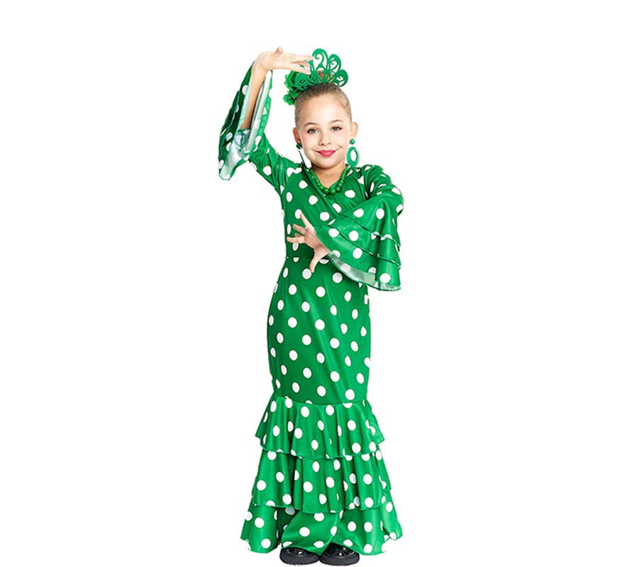 Green Sevillana costume with white polka dots for girls