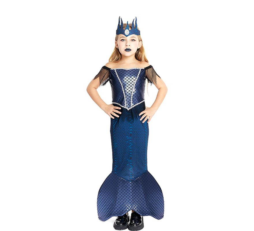 Blue Evil Mermaid Costume with Crown for Girls and Teens