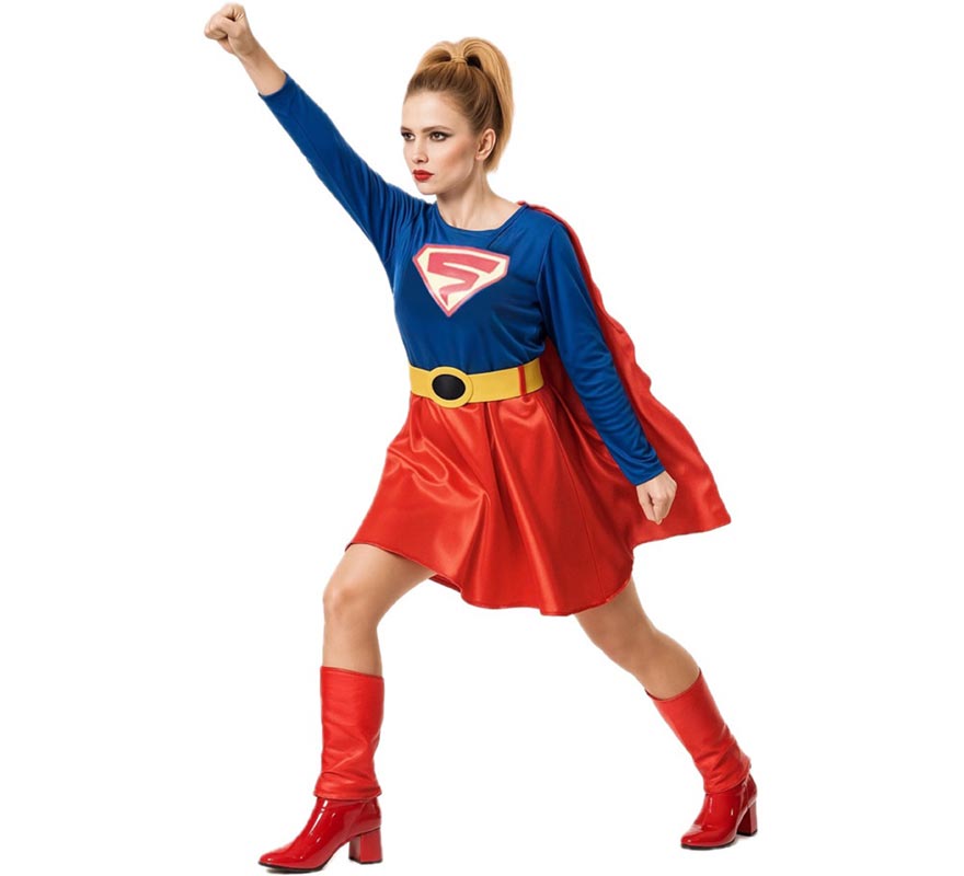 Fato de super heroína azul e vermelho para mulher
